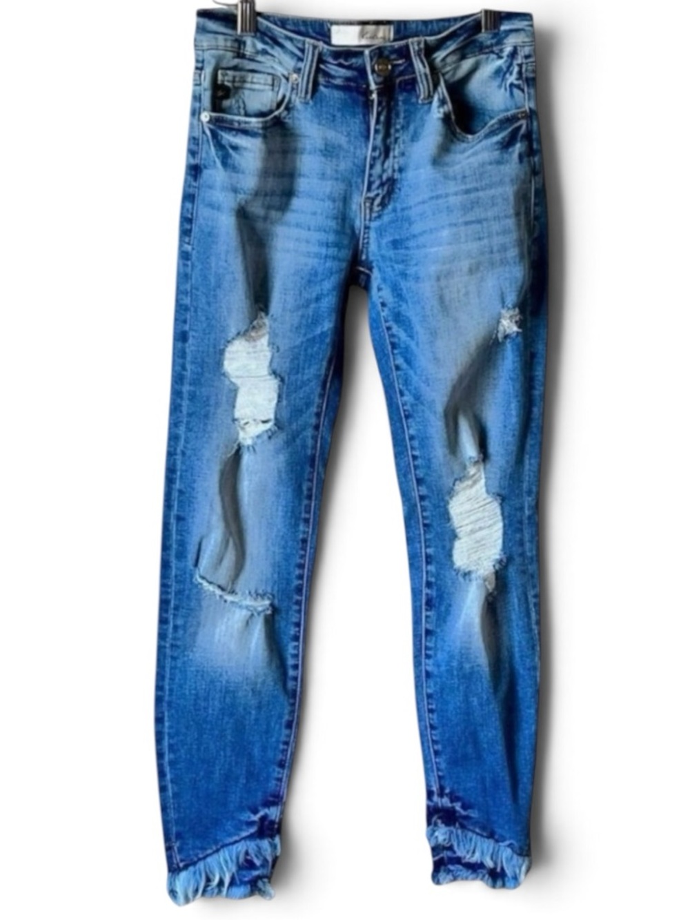 KANCAN DESTROYED DOUBLE FRAYED HEM DENIM SKINNY JEANS